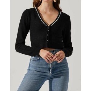 Astr Black Knit Cardigan with Pearl Trim